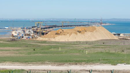 Taman, Russia - April 15, 2017: General view from the tamani side on the construction of the bridge across the Kerch Strait, as of April 2017のeditorial素材