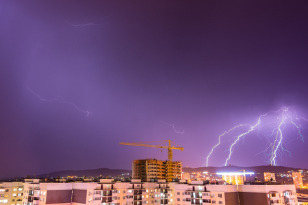 Night thunderstorm with lightning over the city resort of Anapa, Russiaの写真素材