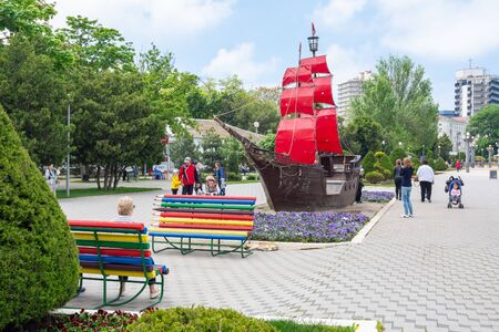 Anapa, Russia - May 13, 2019: Ship "Scarlet Sails" on the embankment of Anapa, Russiaのeditorial素材