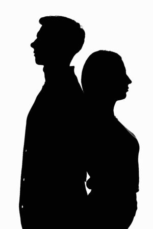 Black white contour portrait of two young menの写真素材