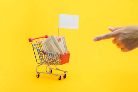Hand points to a grocery cart with a bundle of notes and a white flag for inscriptionの写真素材