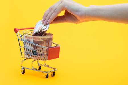 Hand puts another five thousandth bill into a grocery basket full of moneyの写真素材