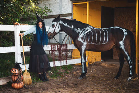 A girl dressed as a witch stands by the fence of the corral, and a horse with a painted skeleton stands next to itの写真素材
