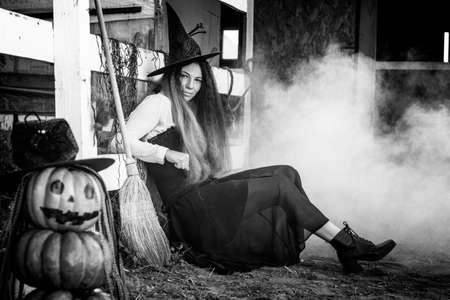 In the foreground there is a figure of pumpkins with a malicious face, in the background a witch sits, black and white versionの写真素材