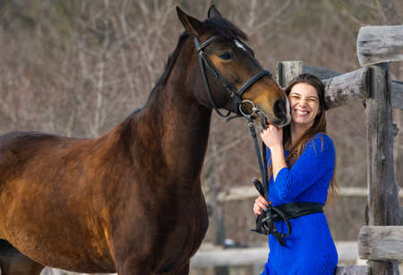 The horse caresses and bites the hand of a young beautiful girlの写真素材