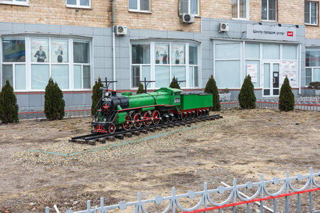 Volgograd, Russia - March 18, 2021: Model of a steam locomotive near the building of the RZD sales center of the railway station "Volgograd 1" in the city of Volgogradのeditorial素材