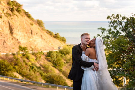 Happy newlyweds kiss against the backdrop of a beautiful mountain landscape, a girl kisses a guyの写真素材