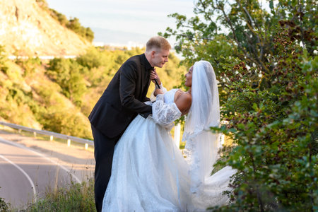 Happy newlyweds kiss against the backdrop of a beautiful mountain landscape, the girl holds the guy by the tieの写真素材