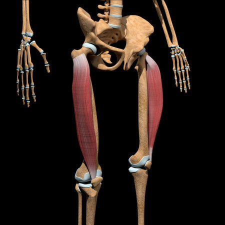 This 3d illustration shows the vastus lateralis muscles on skeleton.の写真素材