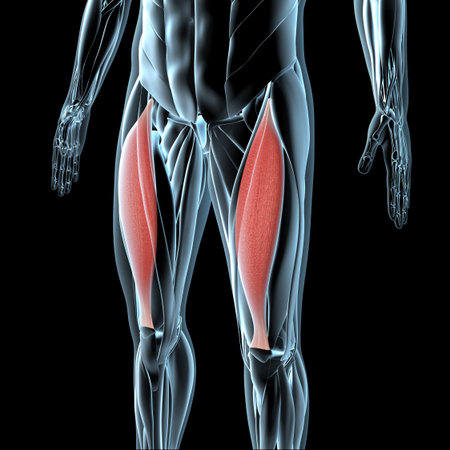 This 3d illustration shows a view of the rectus femoris muscles on xray musculature