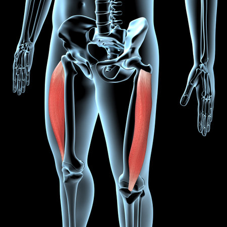 This 3d illustration shows a view of the vastus lateralis muscles on xray musculature