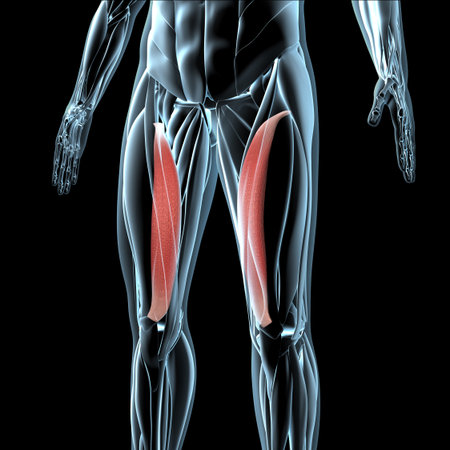 This 3d illustration shows the vastus medialis muscles anatomical position on xray bodyの写真素材