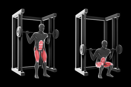 This 3d illustration shows an xray man performing multipower squats on a black backgroundの写真素材
