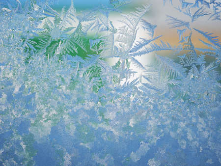 Abstract view of frost on the window surface. Blue crystal frosty texture. Cold winter background.の写真素材