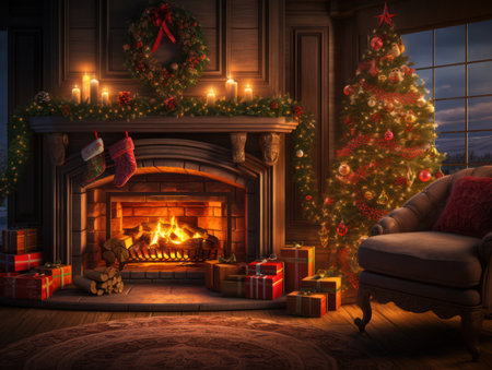 christmas tree near the fireplaceの素材