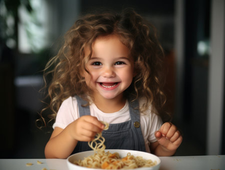 Adorable toddler girl eat pasta spaghetti, happy preschool child eating using fork and by hands fresh cooked healthy meal with noodles home, indoors , table, kitchenの素材