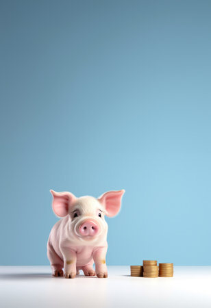 Pink pig piggy bank next to a few gold coins, isolated on blue background. Investment failure, bankruptcy conceptの素材