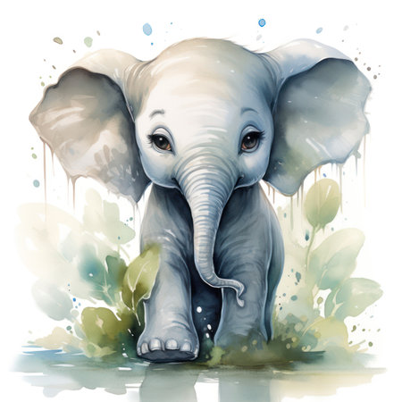 Charming Watercolor Portrait of a Tiny Elephant.の素材