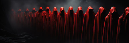 A mesmerizing scene of people in vibrant red cloaks with hoods, gathered in a mysterious and enigmatic setting. The dramatic atmosphere, rich in symbolism, evokes a sense of secrecy and intrigueの素材