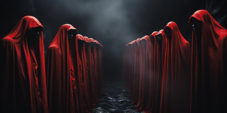 A mesmerizing scene of people in vibrant red cloaks with hoods, gathered in a mysterious and enigmatic setting. The dramatic atmosphere, rich in symbolism, evokes a sense of secrecy and intrigueの素材
