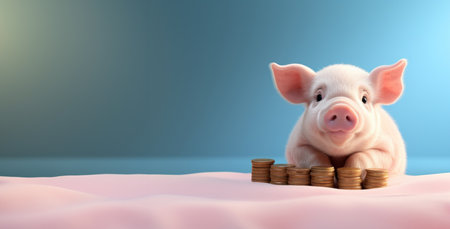 Pink pig piggy bank next to a few gold coins, isolated on blue background. Investment failure, bankruptcy conceptの素材