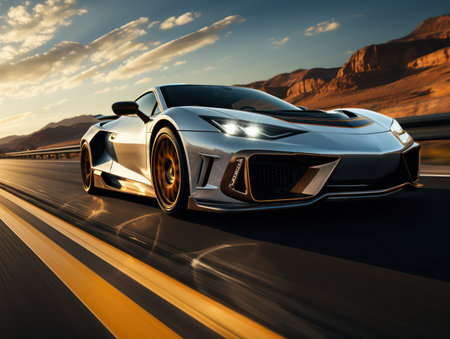 Close-up of wheel of fast sports car on highway: high speed auto in motion blur.の素材