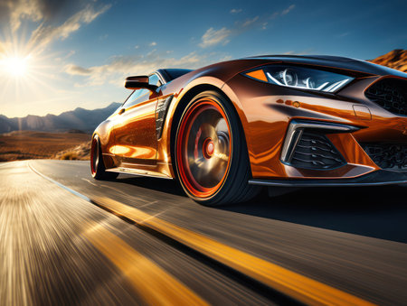 Close-up of wheel of fast sports car on highway: high speed auto in motion blur.の素材
