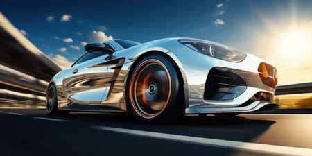 Close-up of wheel of fast sports car on highway: high speed auto in motion blur.の素材