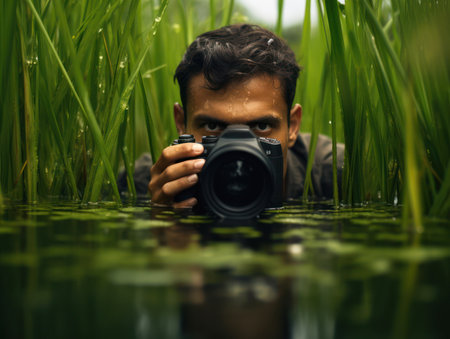 the photographer secretly takes pictures in natureの素材