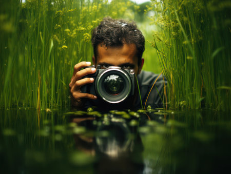 the photographer secretly takes pictures in natureの素材
