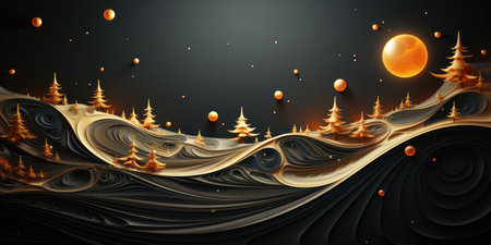 Christmas background with a picture of a Christmas tree surrounded by realistic golden waves. a banner that conveys a festive atmosphereの素材