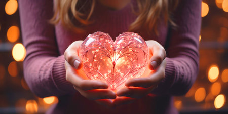 A close - up photography focusing on a woman's hands holding heart shaped glowing Christmas lights.の素材