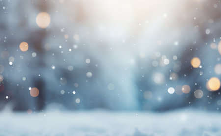 Christmas winter blurred background. Xmas tree with snow decorated with garland lights, holiday festive background. Widescreen backdrop. New year Winter art design, wide screen holiday border.の素材