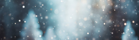 Christmas winter blurred background. Xmas tree with snow decorated with garland lights, holiday festive background. Widescreen backdrop. New year Winter art design, wide screen holiday border.の素材