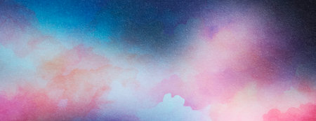 Dark blue cyan white, pinkish white abstract watercolor. Colorful art background. Light pastel. Brush splash daub stain grunge. Like a dramatic sky with clouds. Or snow storm cold wind frost winter.の写真素材