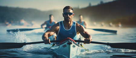 Mid-adult men sea rowingの素材