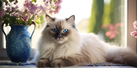 Portrait of ragdoll cat with blue eyes lying and look away by sunny window, with green flower tree background.の素材