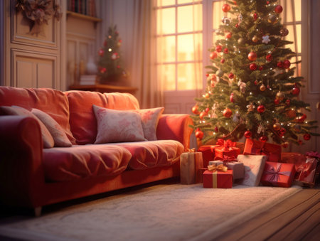 christmas day, christmas morning or early evening, fictional, christmas presents on carpet in living room, sofa couch, christmas treeの素材