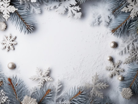 Christmas composition. Frame made of fir tree branches, decorations on pastel gray background. Christmas, winter, new year concept. Flat lay, top view, copy spaceの素材