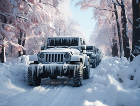 The car is an SUV in snowdrifts. Traffic jam on the roadsの素材