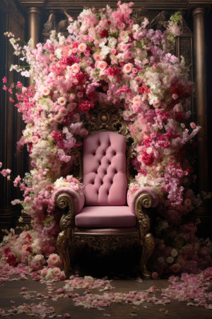 An elegant armchair upholstered in pink velvet, standing on a fluffy carpet. Modern luxury interiorの素材