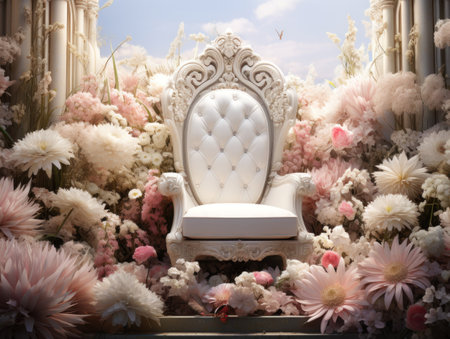 White armchair decorated with flowers.の素材