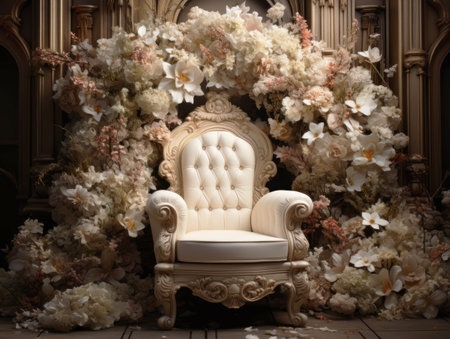 White armchair decorated with flowers.の素材