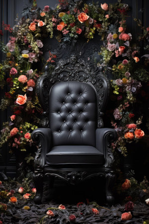 Black armchair decorated with flowers.の素材