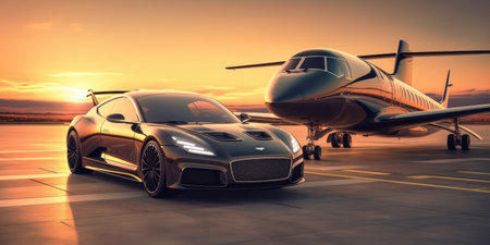 Super car and private jet on landing strip. Business class service at the airport. Business class transfer. Airport shuttleの素材