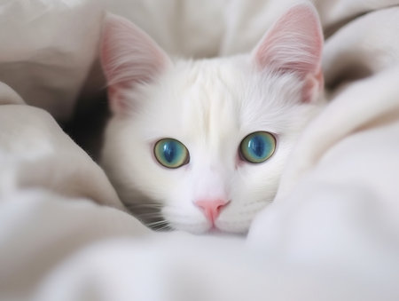 White cat with green color eyes. Turkish angora. Van kitten with blue and green eye lies on white bed. Adorable domestic pets, heterochromia. aiの素材
