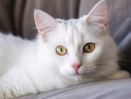 White cat with green color eyes. Turkish angora. Van kitten with blue and green eye lies on white bed. Adorable domestic pets, heterochromia. aiの素材