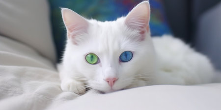 White cat with different color eyes. Turkish angora. Van kitten with blue and green eye lies on white bed. Adorable domestic pets, heterochromia. Ai.の素材