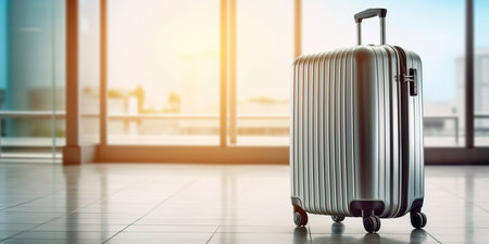 luggage suitcase at the airport wide banner with copy space area for vacations and holiday travel concepts. generative AI.の素材
