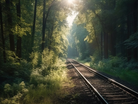 Forest trees along a railroad on an summer afternoon. Train tracks travel concept landscape background. generative AI.の素材